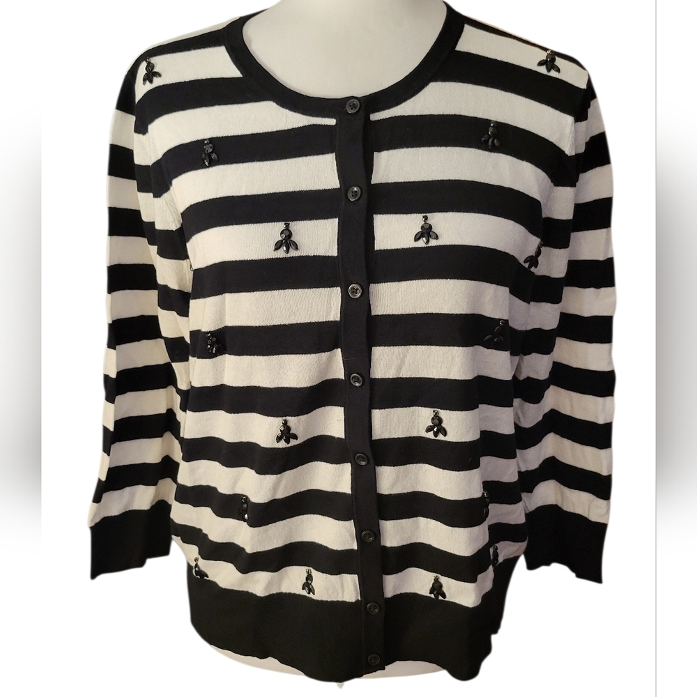 ANN TAYLOR EMBELLISHED STRIPED CARDIGAN SWEATER
